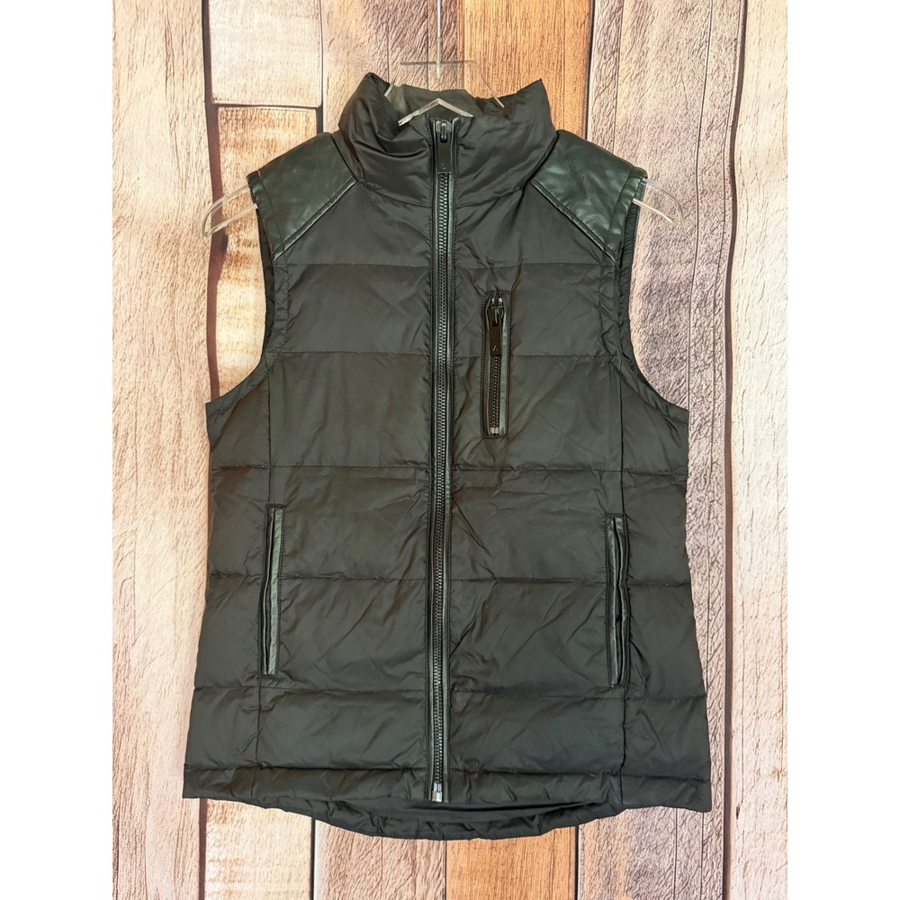 ALALA Down‎ Puffer Vest Faux Leather Trim Black Minimalist Gorpcore Layer Small